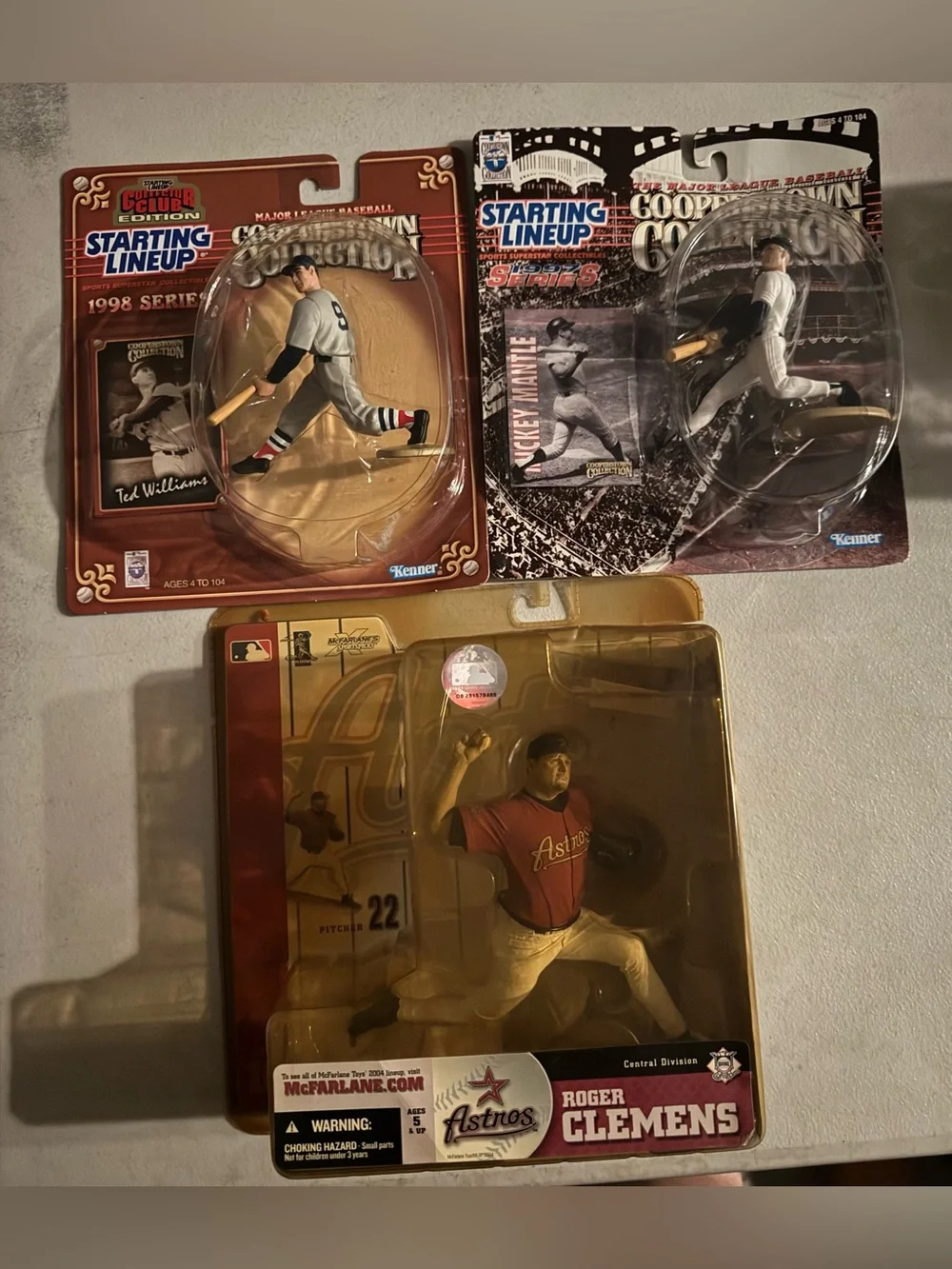 Starting Lineup Baseball Figure Lot Ted Williams, Mickey Mantle, Roger Clemens
